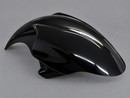 A glossy black motorcycle or scooter fairing fender, photographed on a neutral gray studio background.